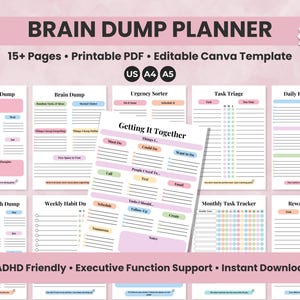 Op de afbeelding: Een roze en witte Brain Dump Planner met verschillende sjablonen voor organisatie. De planner bevat secties voor wekelijkse, dagelijkse en maandelijkse taken, met de tekst "Getting It Together" op één pagina. De planner is ADHD-vriendelijk en ondersteunt de uitvoerende functie.