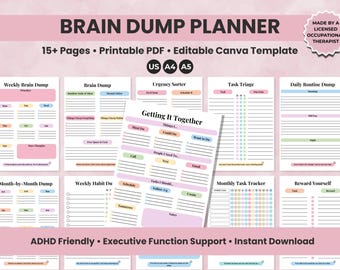 ADHD Brain Dump Planner, Thought Organizer (Printable PDF & Canva)