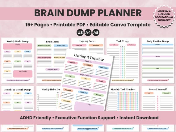 Printable Brain Dump Planner, ADHD Brain Dump Journal Template, Productivity Tool, Task Tracker, Thought Organizer, Executive Function To-Do