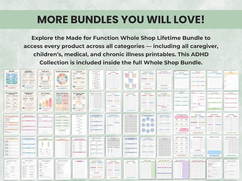 ADHD planner bundle with additional printable planner bundles and worksheet collections
