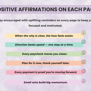 Budget planner pages with positive affirmations and motivational sayings to encourage focus and progress for ADHD budgeting.