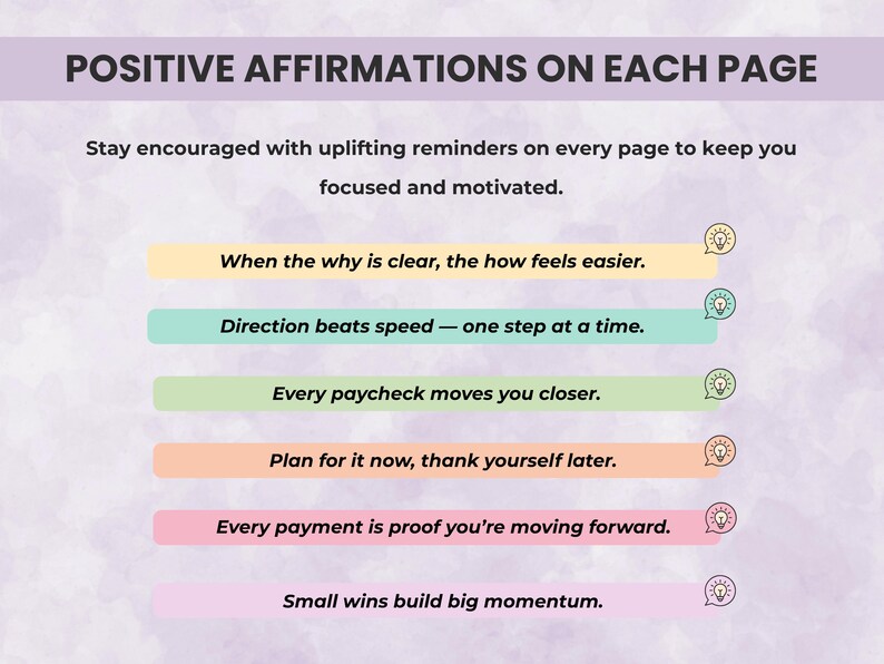 Budget planner pages with positive affirmations and motivational sayings to encourage focus and progress for ADHD budgeting.