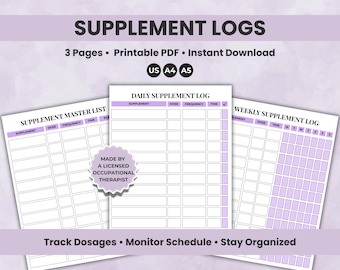 Vitamin & Supplement Tracker Printable, Daily Vitamin Log, Health + Wellness Planner Page, Medication Tracker, Fitness Journal, A4/A5/Letter