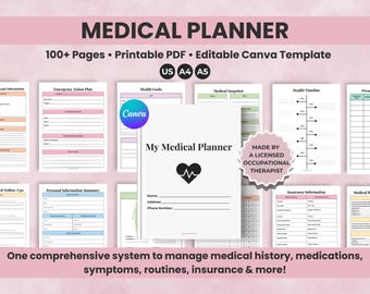 Printable Medical Planner, Health History Tracker (Canva Template)