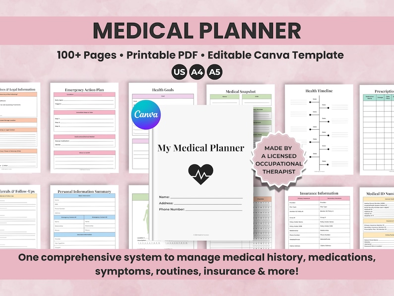 Medical Planner Printable and Editable Canva Template. 100+ pages for organizing medical history, symptom tracking, medications, appointments, and health records. Licensed occupational therapist–designed.