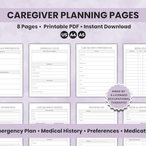 Op de afbeelding: Digitale download van zorgplannerpagina's. De pagina's bevatten secties voor maaltijd- en drankvoorkeuren, noodplannen, voorkeuren van de zorgvrager en medicatielijsten. Beschikbaar in US Letter, A4 en A5 formaten.