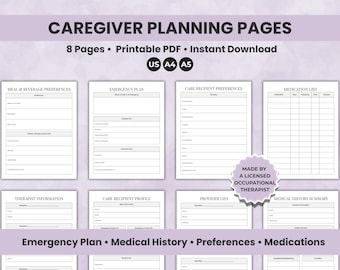 Care Plan Organizer Printable PDF – Emergency Plan, Medical History, Preferences + Medication List for Family & Professional Caregivers