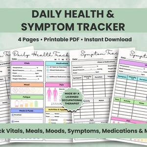 Daily Health Tracker and Symptom Tracker printable PDF pages for chronic illness and wellness tracking — includes mood, vitals, pain, and medication logs.