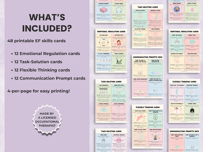 Alt text: Digital mockup showing Executive Function Skill Cards on a computer screen. Therapy flashcards for emotional regulation and executive function strategy practice.