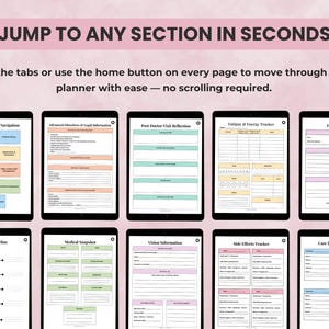Digital Medical Planner preview showing hyperlinked navigation tabs and home button for fast access to medical history, medications, symptoms, and health trackers.