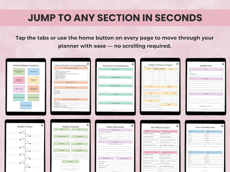 Digital Medical Planner preview showing hyperlinked navigation tabs and home button for fast access to medical history, medications, symptoms, and health trackers.
