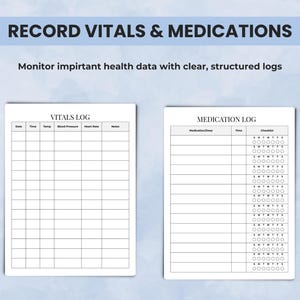Printable caregiver pages for recording vitals and medications — blood pressure, pulse, oxygen, and prescriptions