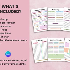 Listing preview showing what’s included: 6-page PDF, editable Canva template, US Letter, A4, and A5 sizes. Instant digital download for ADHD-friendly planning.
