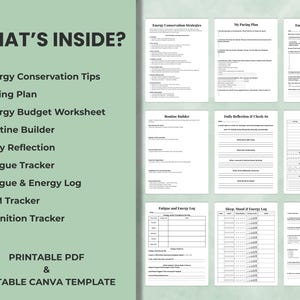 Fatigue & Energy Planner includes 10 pages: energy conservation tips, fatigue logs, PEM tracker, daily check-ins, pacing plan, energy budget, cognitive tracker, and routine builder.