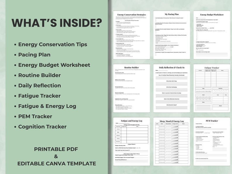 Fatigue & Energy Planner includes 10 pages: energy conservation tips, fatigue logs, PEM tracker, daily check-ins, pacing plan, energy budget, cognitive tracker, and routine builder.
