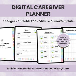 Peut inclure: Planificateur numérique pour soignants affiché sur quatre tablettes. Le planificateur comprend 95 pages, est un PDF imprimable et un modèle Canva modifiable. Il comprend des informations sur les clients, un répertoire et un calendrier des rendez-vous. Fabriqué par un ergothérapeute agréé.