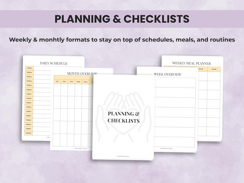 Caregiver planning pages with checklists, routines, and task organization templates