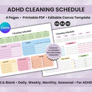 Editable ADHD Cleaning Schedule, Printable Cleaning Planner Weekly, Monthly, Yearly Chore Chart Household and Deep Clean Routine Master List