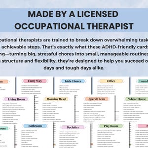 Therapist-designed cleaning cards created by a licensed occupational therapist for ADHD-friendly and stress-free home routines.
