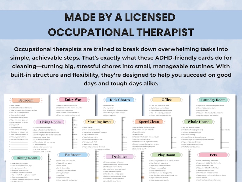 Therapist-designed cleaning cards created by a licensed occupational therapist for ADHD-friendly and stress-free home routines.