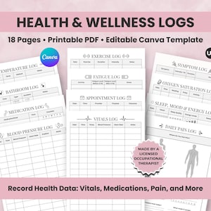 Könnte beinhalten: Eine Sammlung druckbarer Gesundheits- und Wellness-Protokolle, darunter Temperatur-, Übungs-, Ermüdungs- und Medikamentenprotokolle. Die Vorlagen dienen zur Erfassung von Gesundheitsdaten und sind in A4- und A5-Größen erhältlich.