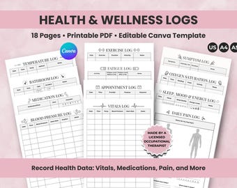 May include: A stack of printable health and wellness logs with various templates, including temperature, exercise, and medication logs. The templates are designed for recording health data and are available in US letter, A4, and A5 sizes.