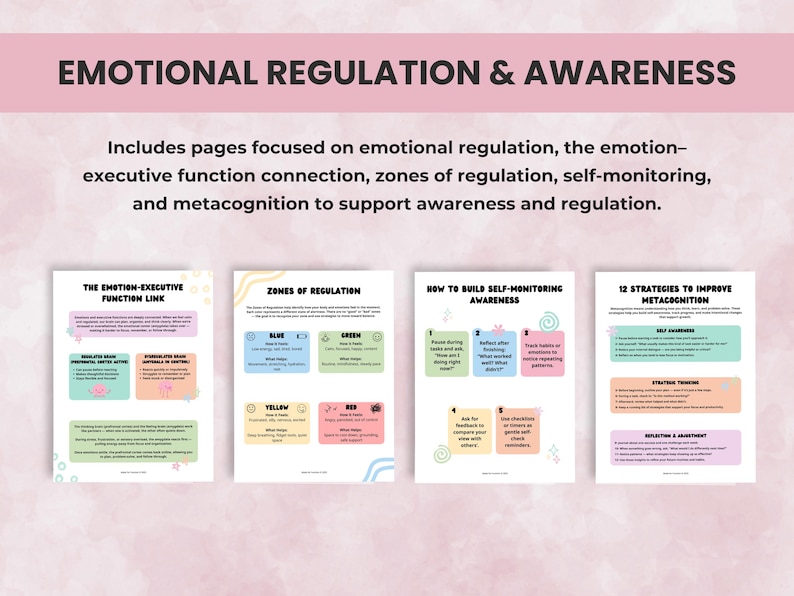 Emotional regulation and executive function awareness worksheets, ADHD regulation and self-monitoring tools