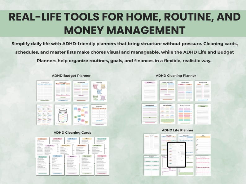 ADHD planner tools for home, routine, money management, and daily organization support