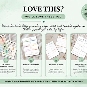May include: A digital product display featuring four printable planners: an Emotional Regulation Toolkit, a Brain Dump Planner, an ADHD Life Planner, and an Autism Support Planner. The graphic includes the text LOVE THIS? and MADE BY A LICENSED OCCUPATIONAL THERAPIST.