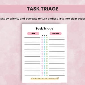 Task triage page with space for writing tasks, due dates, and rating priority as high, medium, or low. Designed to turn long lists into action steps.
