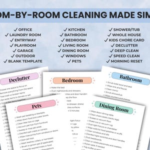 Room-by-room cleaning cards with simple checklists for kitchen, bathroom, bedroom, laundry, office, and more.