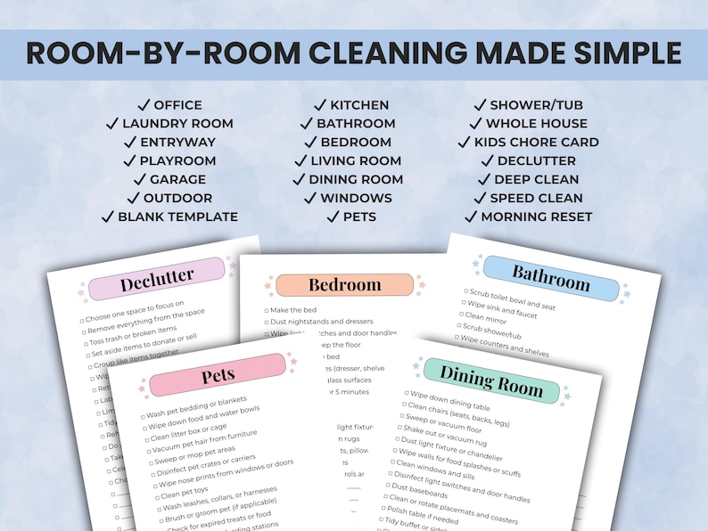 Room-by-room cleaning cards with simple checklists for kitchen, bathroom, bedroom, laundry, office, and more.