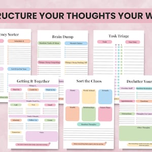ADHD brain dump templates showing multiple layouts: task triage, priority sorting, chaos categorizing, and flexible to-do lists for neurodivergent-friendly planning