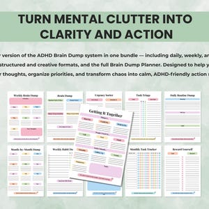 ADHD brain dump planner pages including daily, weekly, and monthly templates to organize thoughts and reduce overwhelm.