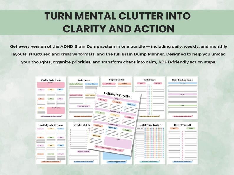 ADHD brain dump planner pages including daily, weekly, and monthly templates to organize thoughts and reduce overwhelm.