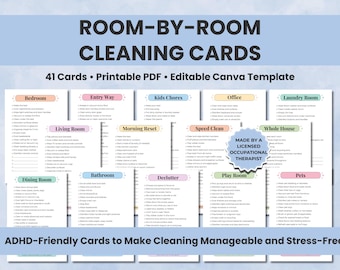 ADHD Cleaning Checklist Cards, Family Chore Chart (Printable, Editable Canva)