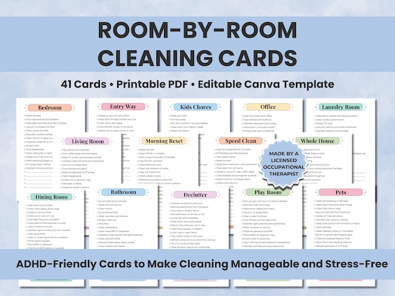 Editable Cleaning Cards, Printable Chore Chart, ADHD Cleaning Checklist, Room by Room Family Organizer