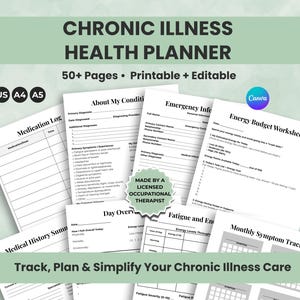 Kronisk sjukdomsspårare + symptomjournal i PDF-format, planerare för kronisk trötthet, medicinlogg, medicinsk pärm, smärtlindring, hälsoplanerare
