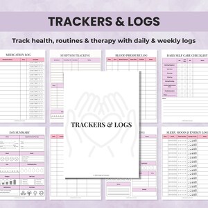Caregiver tracking pages with health logs, medication tracking, and care documentation sheets