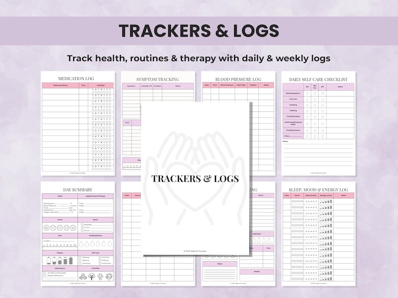 Caregiver tracking pages with health logs, medication tracking, and care documentation sheets