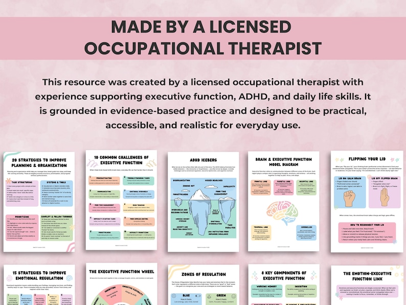 Executive function printable resource created by a licensed occupational therapist, ADHD therapy-informed design