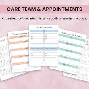 Planner pages for provider directory, appointment preparation, care team notes, and visit reflection sheets.