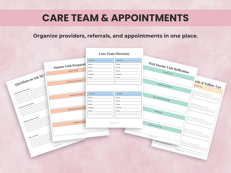 Planner pages for provider directory, appointment preparation, care team notes, and visit reflection sheets.