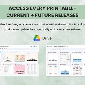 “Google Drive icon and sample ADHD planner thumbnails showing access to all current and future printable releases.