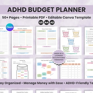 May include: ADHD Budget Planner with 50+ pages, a printable PDF, and an editable Canva template. Includes debt repayment, paycheck, and savings trackers. Features a variety of colorful, organized layouts for financial management.