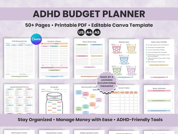 ADHD Budget Planner, Neurodivergent Finance Worksheets (Printable PDF & Canva)