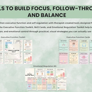 Executive function and emotional regulation toolkit pages with colorful printable worksheets designed for focus and motivation.