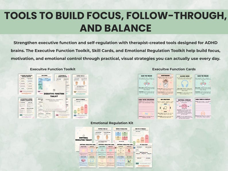 Executive function and emotional regulation toolkit pages with colorful printable worksheets designed for focus and motivation.