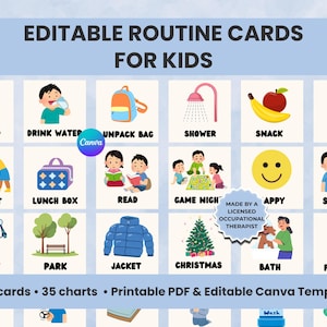 May include: A set of illustrated routine cards for kids, featuring images like "Wake Up," "Drink Water," and "Unpack Bag." The cards are designed to be editable and printable, with a Canva template option.