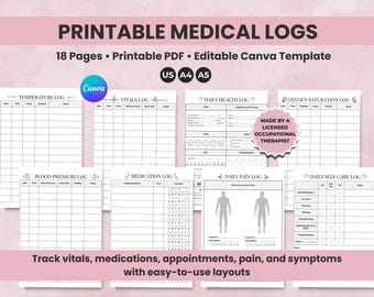 Editable Vitals and Health Logs for Chronic Illness, Eldercare, Medical Planner & Binder, Symptom Tracker Printable and Editable